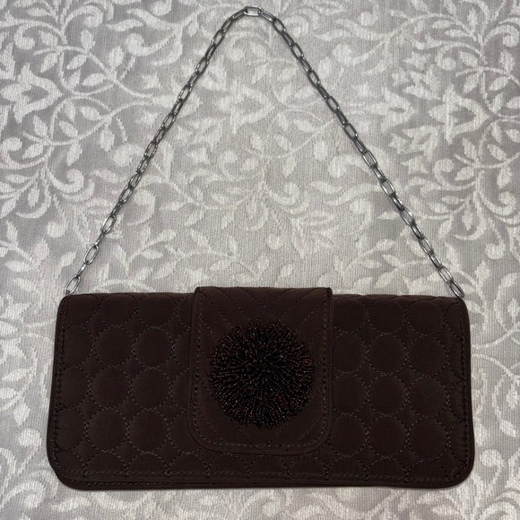 Vera Bradley Handbags - Vera Bradley Dazzle Clutch Espresso Brown Quilted Beaded Pom Pom Purse